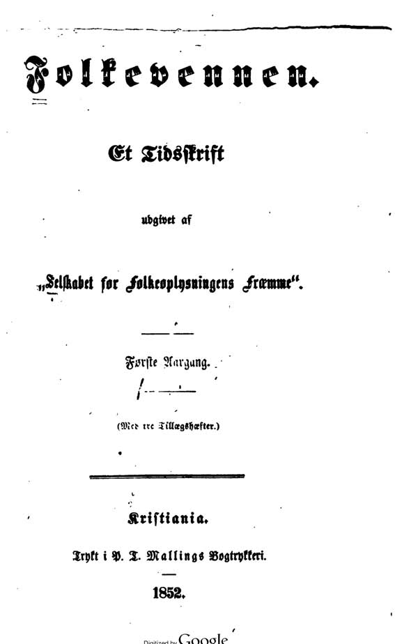 Forside av tidsskriftet Folkevennen fra 1852